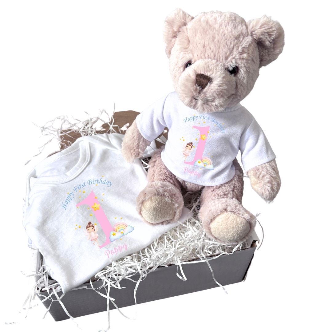 Personalised Rainbow Fairy Baby Gift Hamper - Teddy & Baby Vest