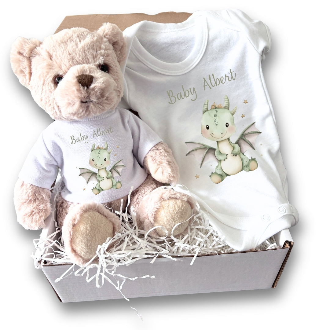 Personalised Little Dinosaur Baby Gift Hamper - Teddy & Baby Vest