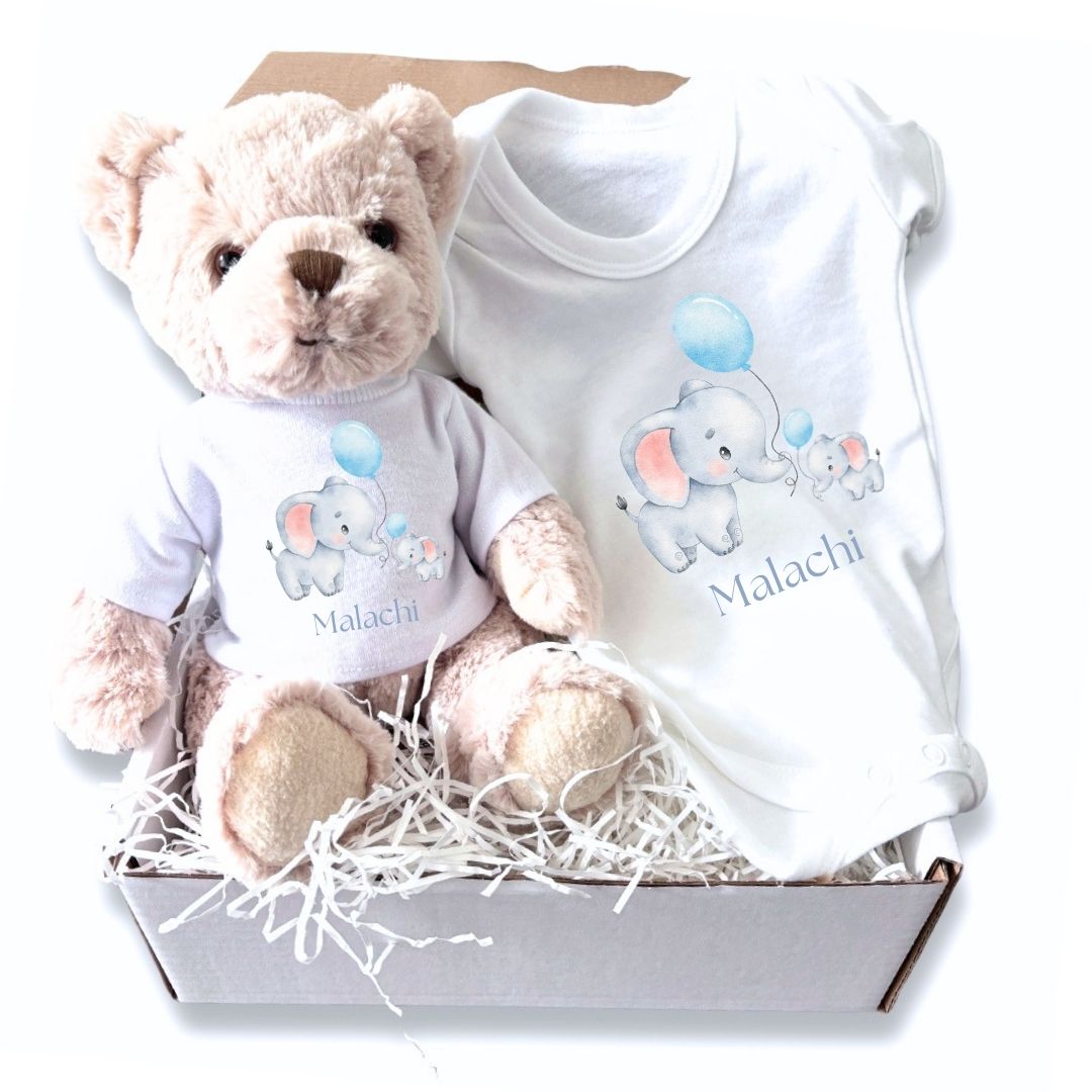 Personalised Little Elephants Baby Gift Hamper - Teddy & Baby Vest