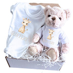Personalised Little Giraffe Name Baby Gift Hamper - Teddy & Baby Vest