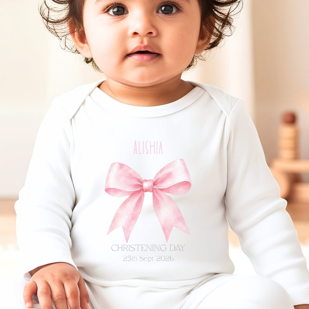 Personalised Pink Bow Christening Day Babygrow | Name Vest or Bib UK