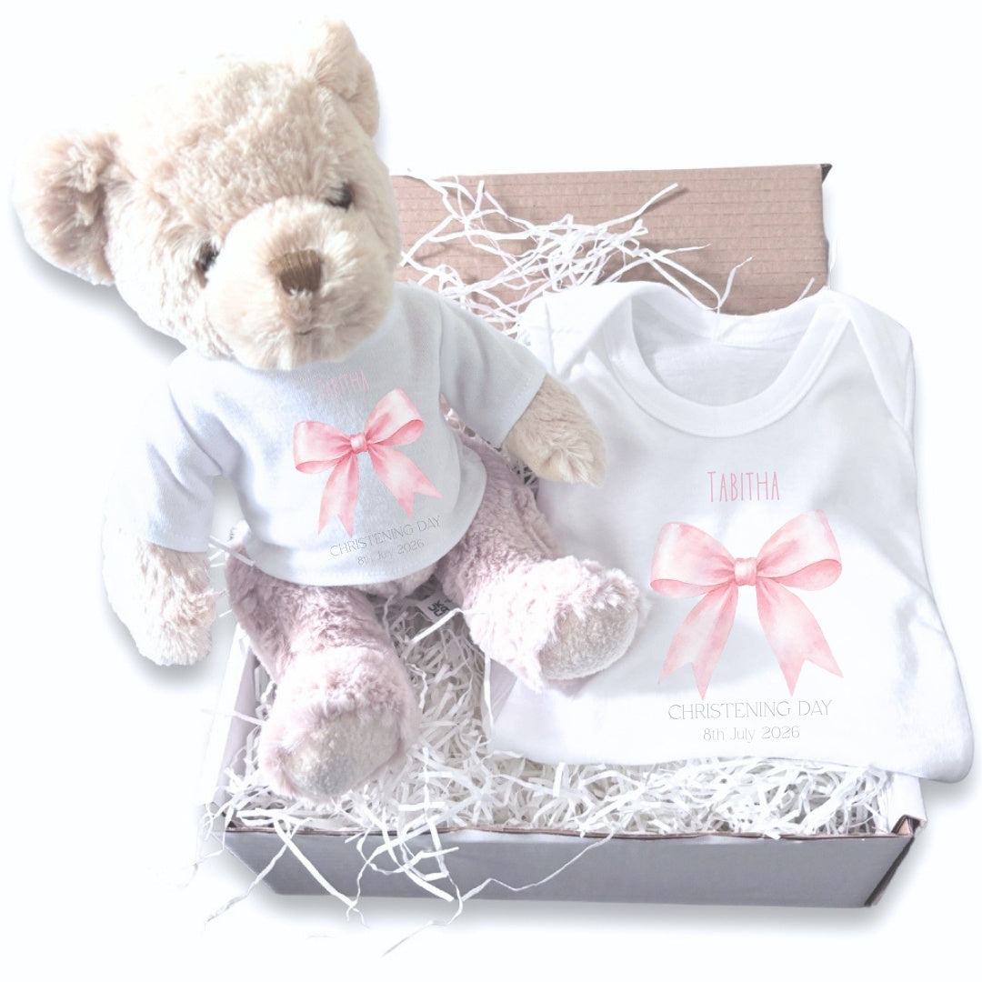 Personalised Pink Bow Christening Day Baby Gift Hamper - Teddy & Baby Vest