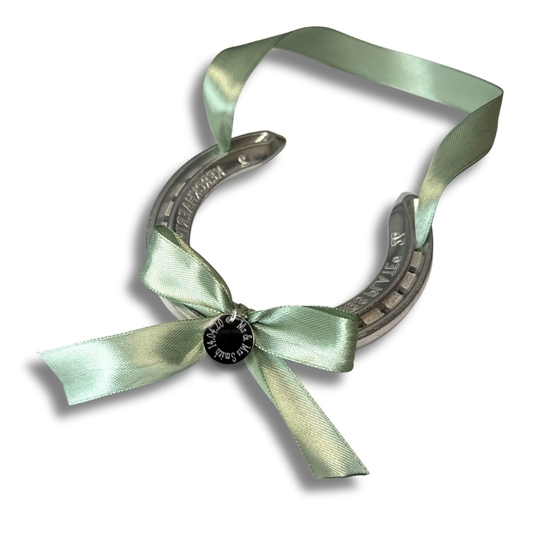 Personalised Wedding Horseshoe with Sage Green Ribbon - Wedding Gift Handmade UK