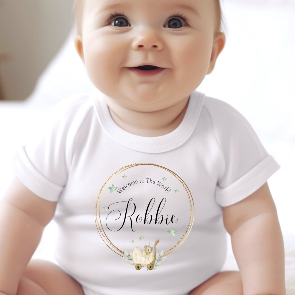 Personalised Welcome to the World Baby Outfit: Bib, Vest, Baby Grow