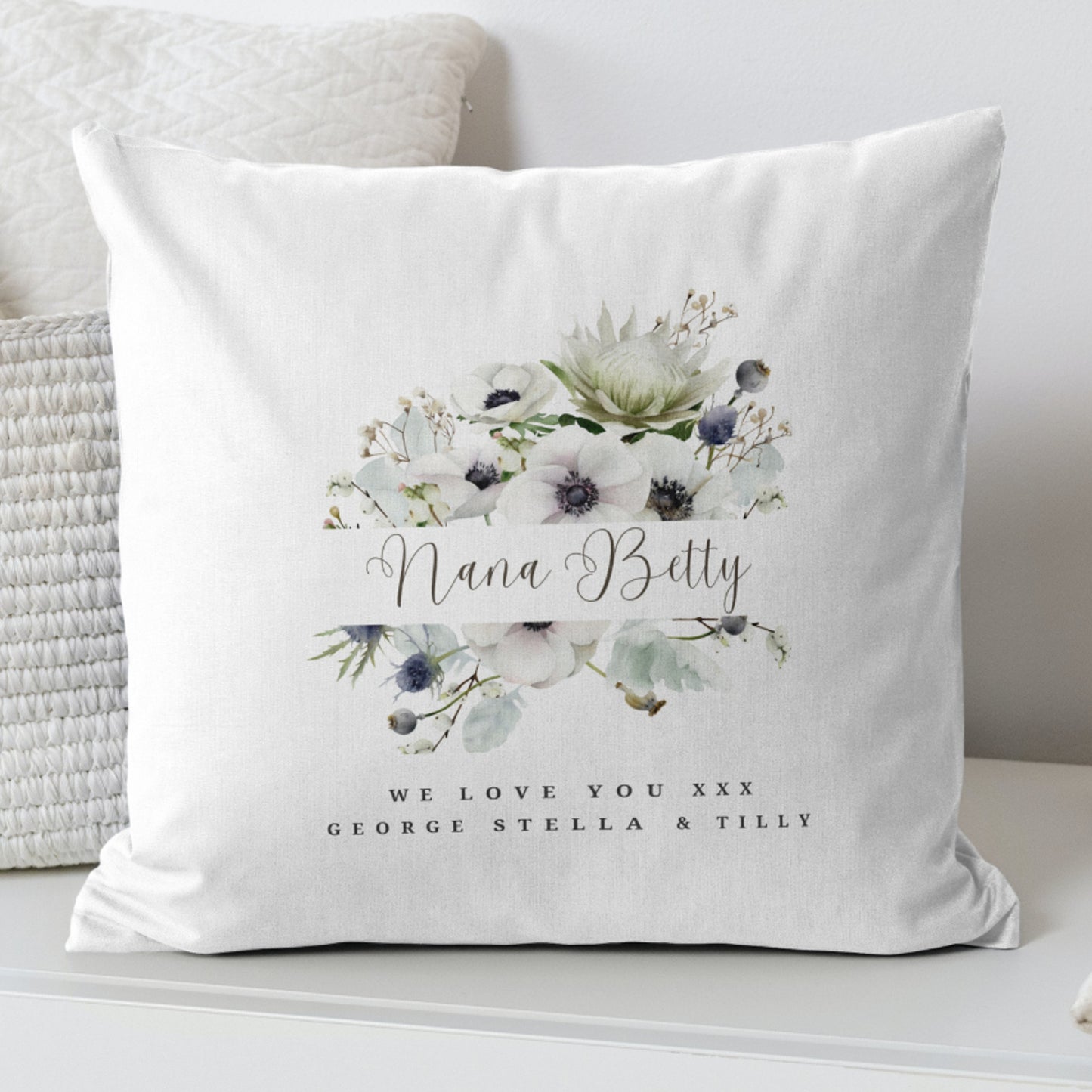 Personalised White Anemone Flowers Cushion