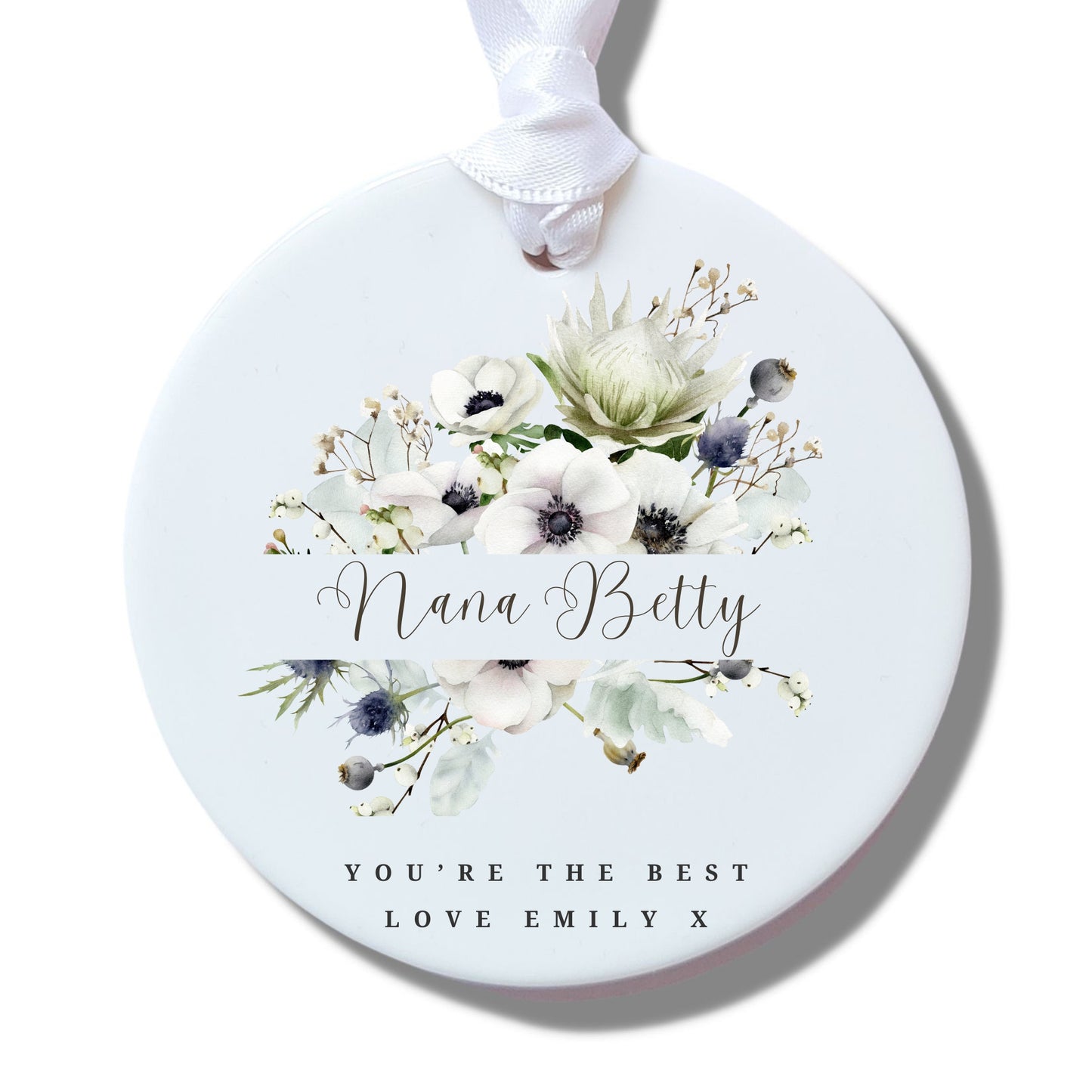 Personalised White Anemone Flowers Ceramic Decoration