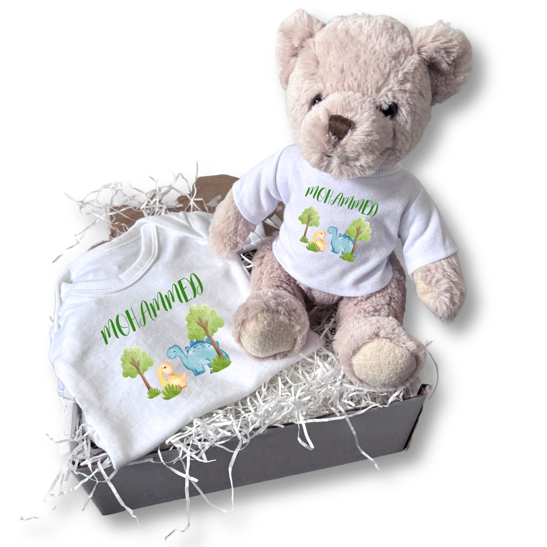 Personalised Baby Dinosaurs Baby Gift Hamper - Teddy & Baby Vest