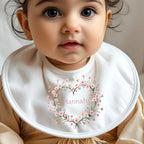 Personalised Pink Flower Heart Name Baby Outfit: Bib, Vest, Baby Grow