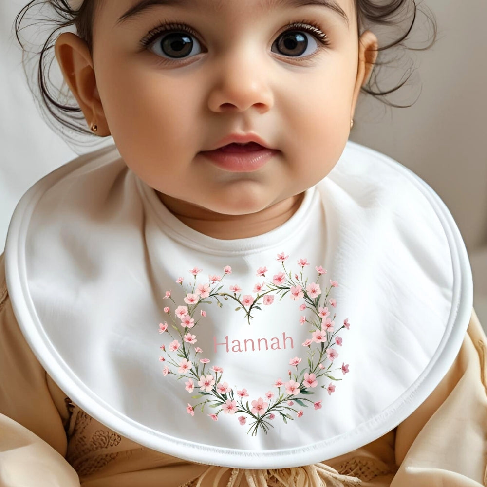 Personalised Pink Flower Heart Name Baby Outfit: Bib, Vest, Baby Grow