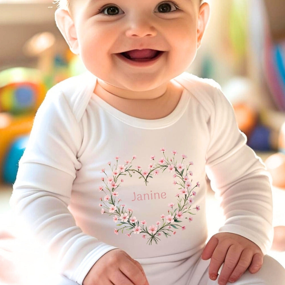 Personalised Pink Flower Heart Name Baby Outfit: Bib, Vest, Baby Grow