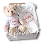 Personalised Pink & Red Hearts Baby Gift Hamper - Teddy & Baby Vest