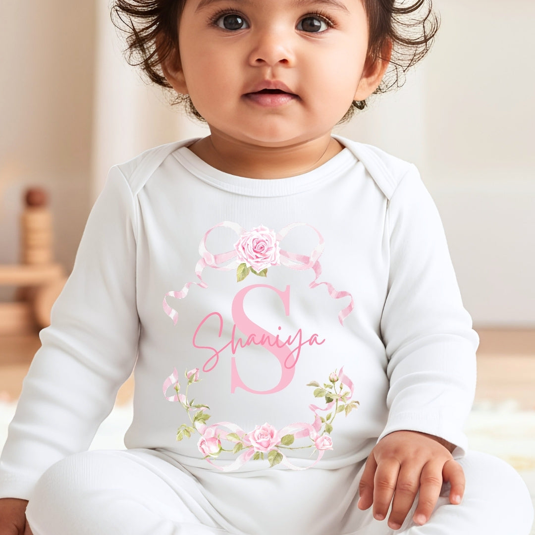Personalised Pink Roses Baby Outfit – Bib, Vest, Baby Grow