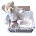 Personalised Pink Roses Baby Gift Hamper - Teddy & Baby Vest