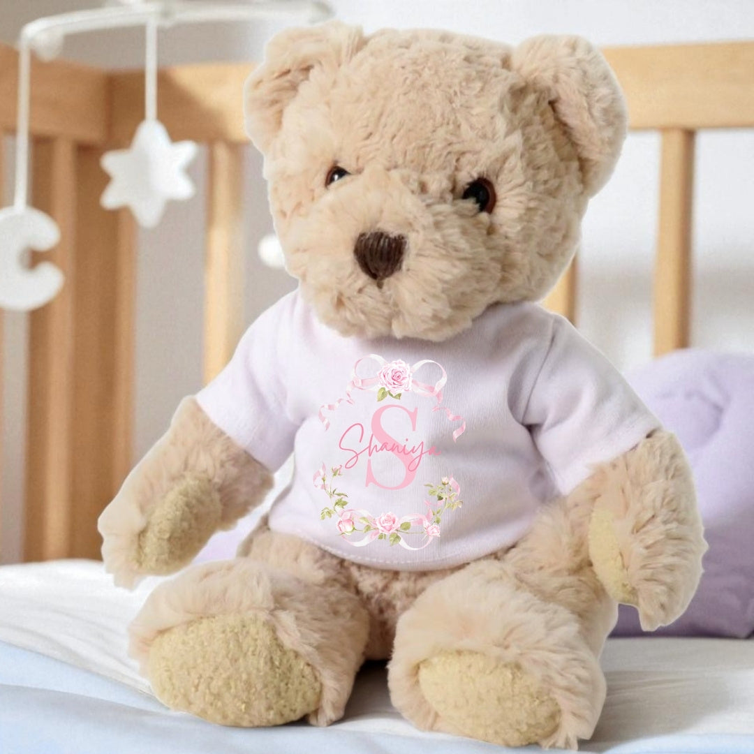 Personalised Pink Roses Baby Gift Hamper - Teddy & Baby Vest