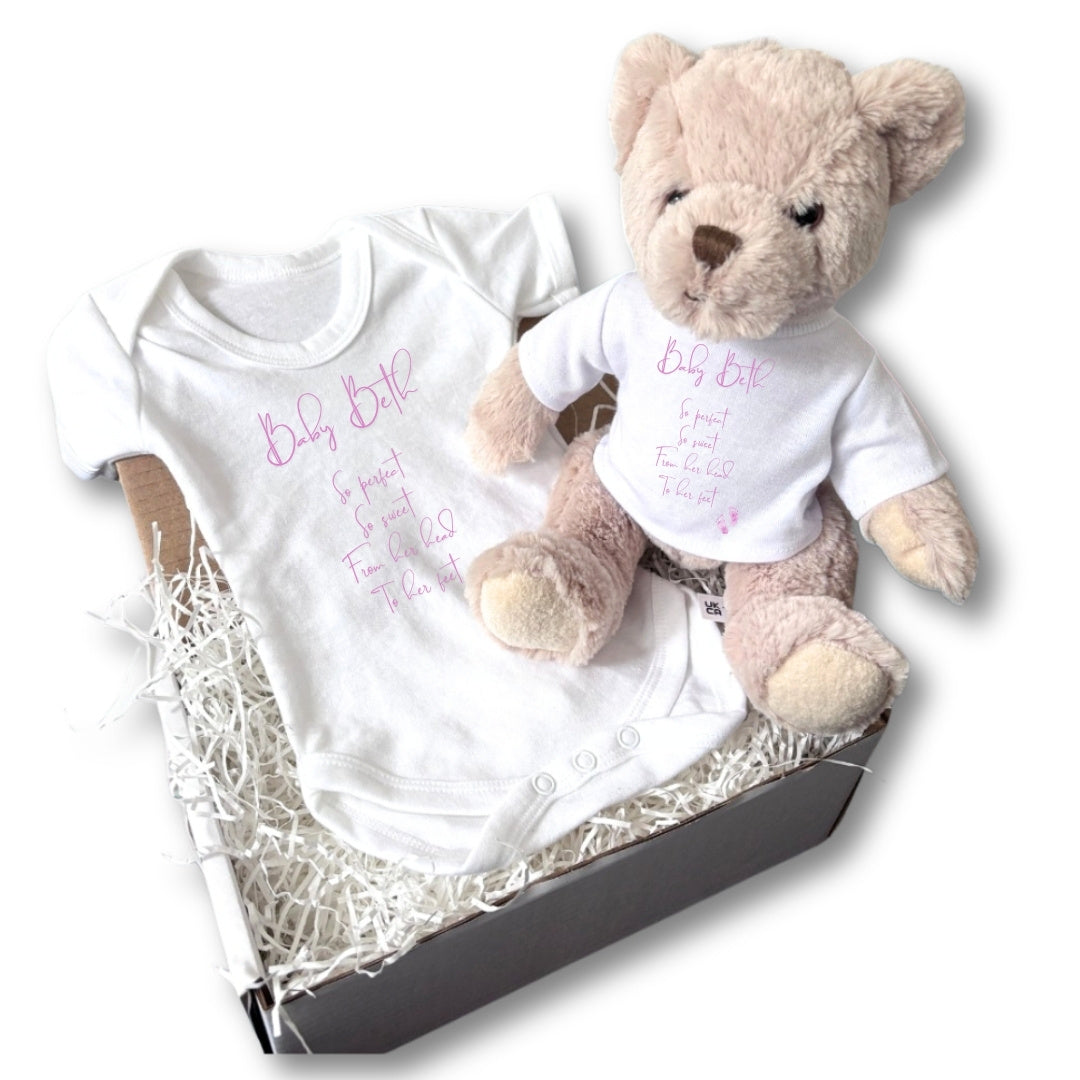 Personalised So Perfect So Sweet Baby Gift Hamper - Teddy & Baby Vest