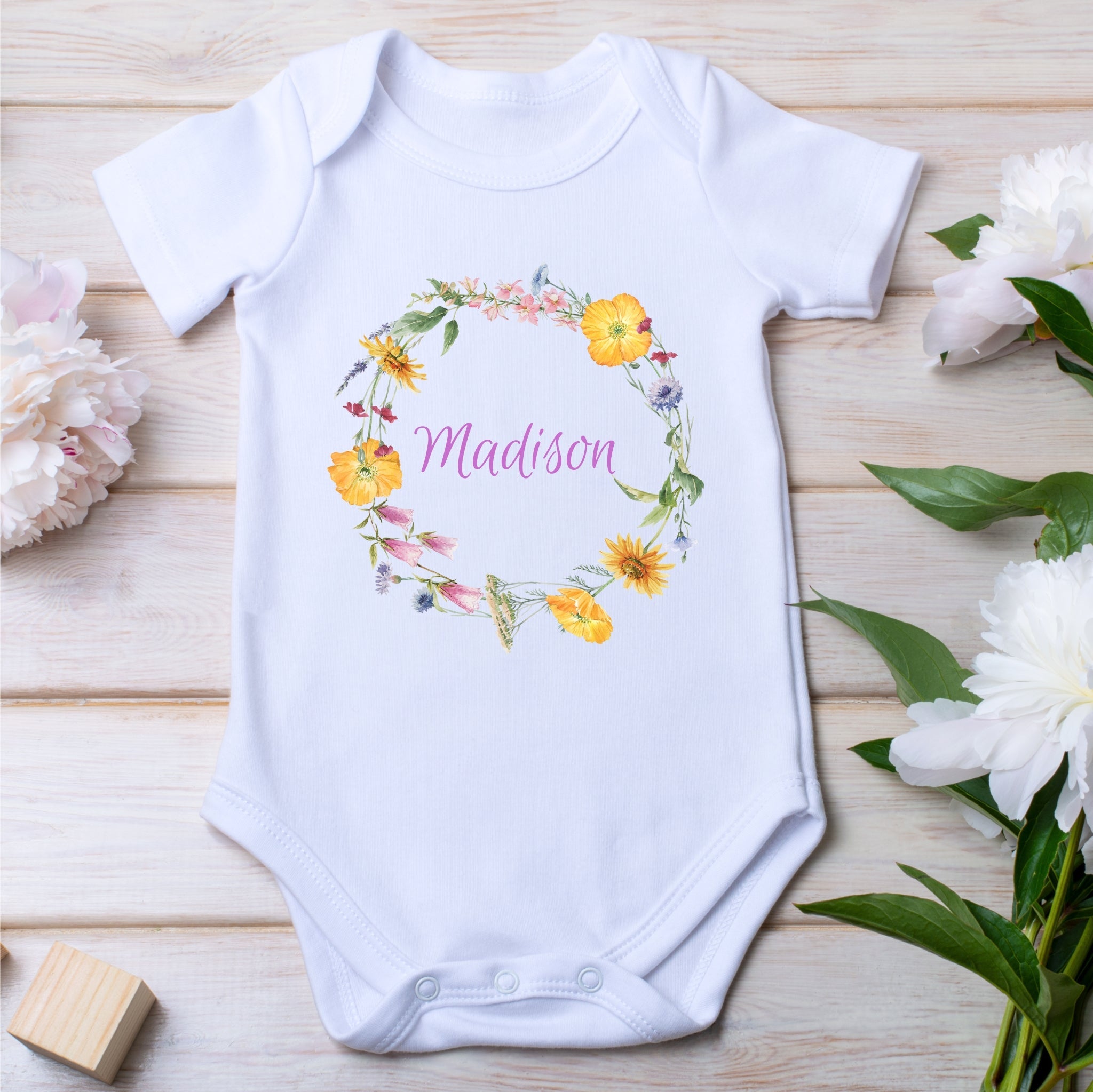 Personalised Colourful Flowers Baby Outfit: Bib, Vest, Grow