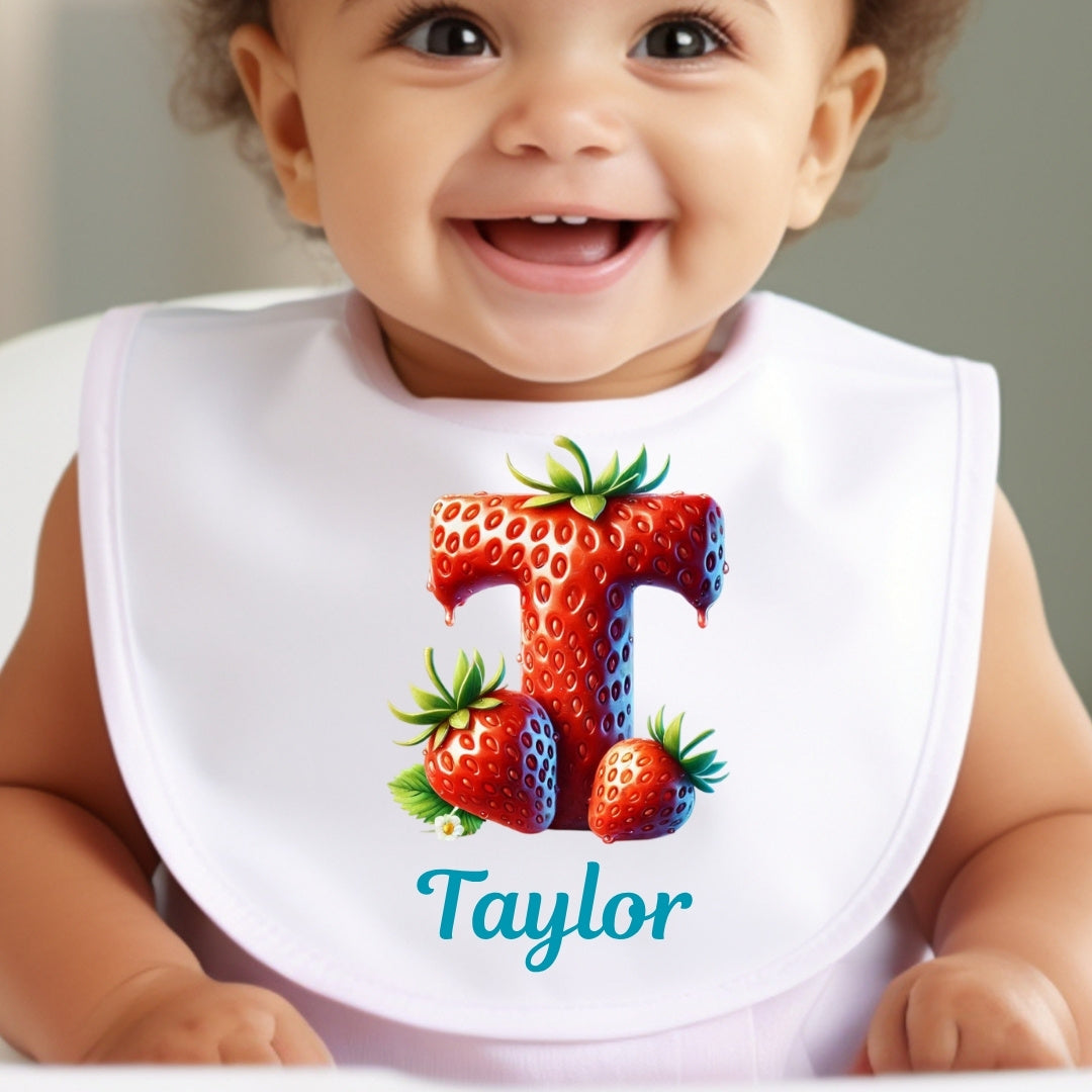 Personalised Strawberry Initial & Name Baby Outfit – Bib, Vest, Baby Grow