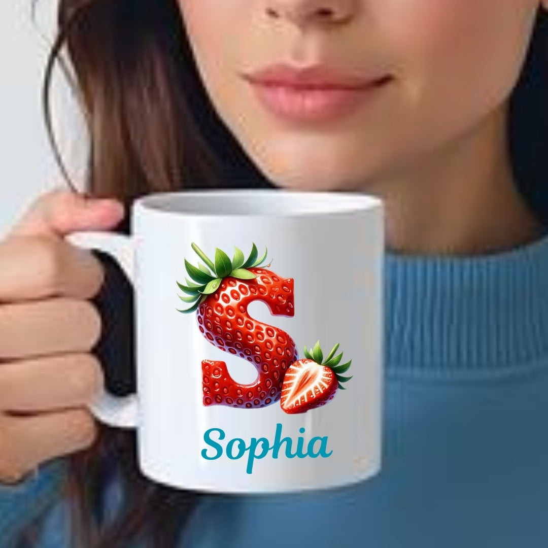 Personalised Strawberry Initial & Name Mug Gift | Sister Daughter Mum