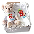 Personalised Strawberry Initial & Name Baby Gift Hamper - Teddy & Vest