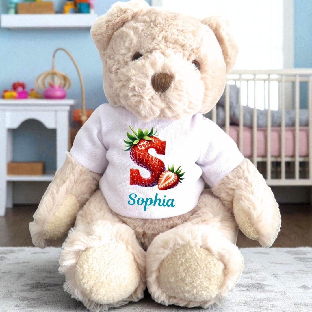 Personalised Luxury Teddy Bear with Strawberry Initial & Name T-Shirt