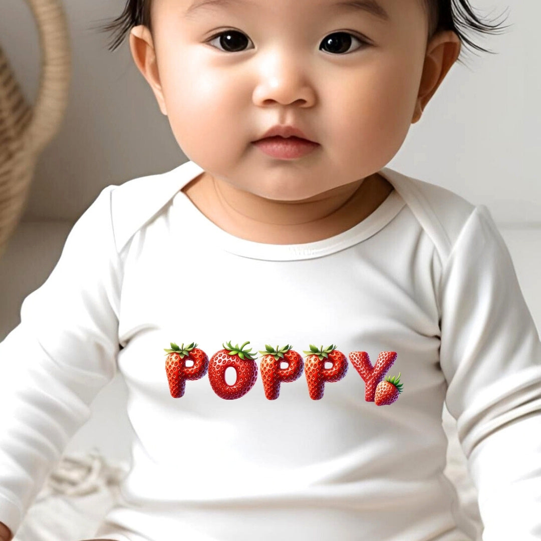 Personalised Strawberry Name Baby Outfit – Bib, Vest, Baby Grow