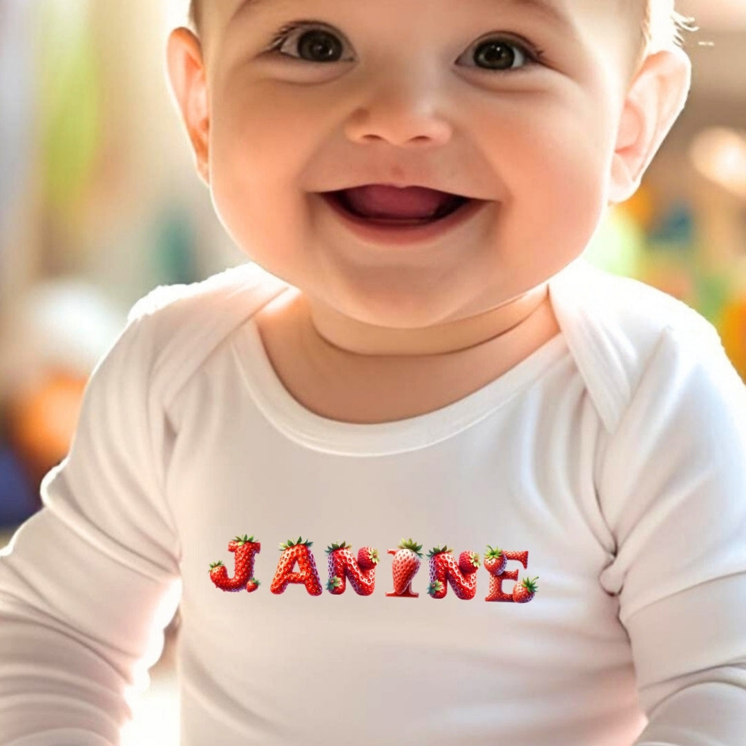 Personalised Strawberry Name Baby Outfit – Bib, Vest, Baby Grow