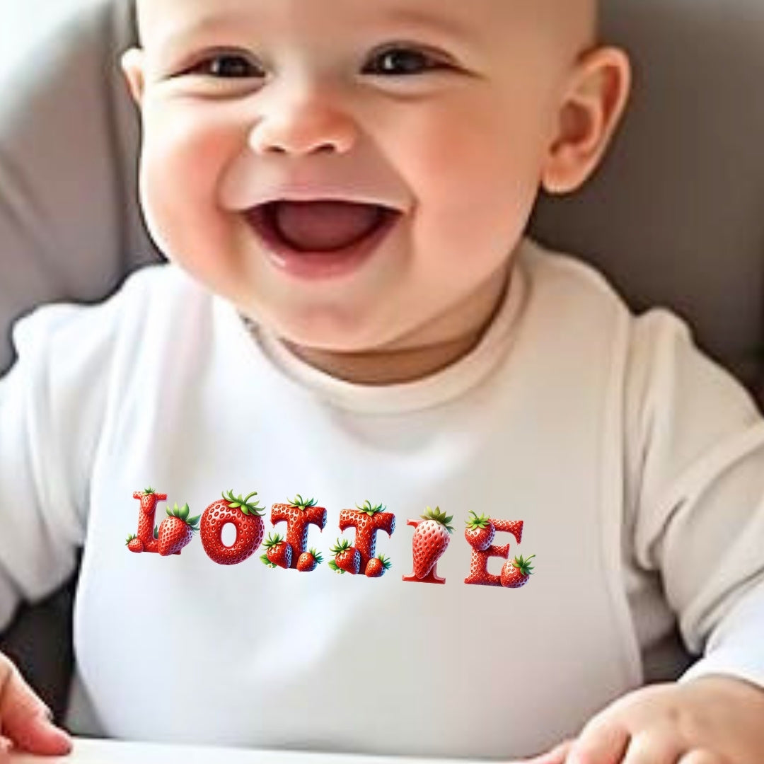 Personalised Strawberry Name Baby Outfit – Bib, Vest, Baby Grow