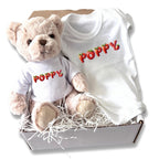 Personalised Strawberry Name Baby Gift Hamper - Teddy & Baby Vest