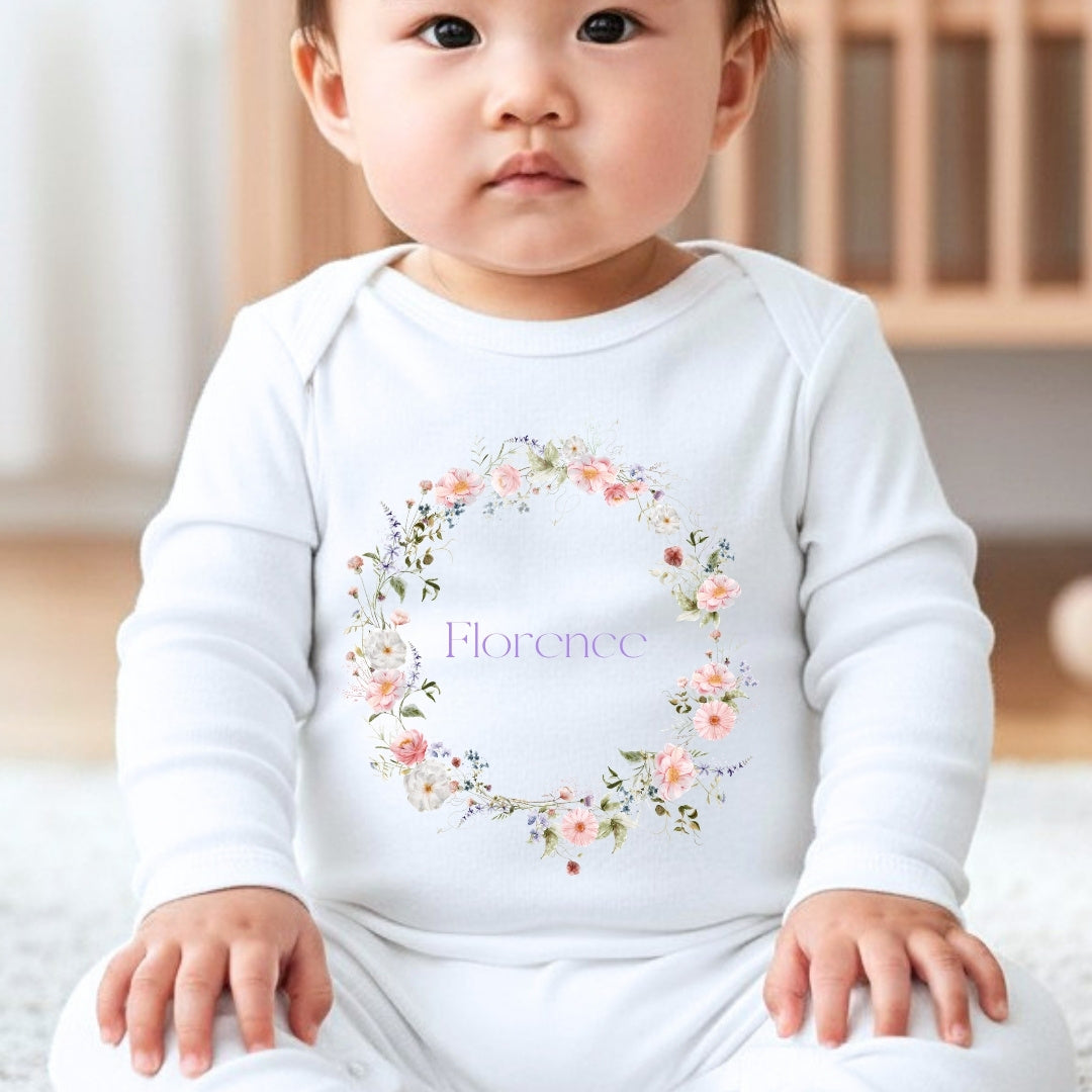 Personalised Wild Flower Name Baby Outfit – Bib, Vest, Baby Grow
