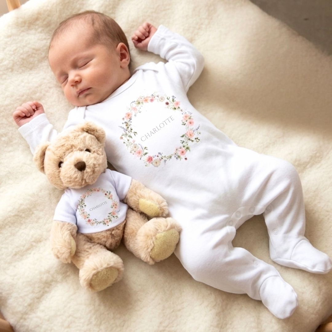 Personalised Wild Flower Name Baby Gift Hamper - Teddy & Baby Vest