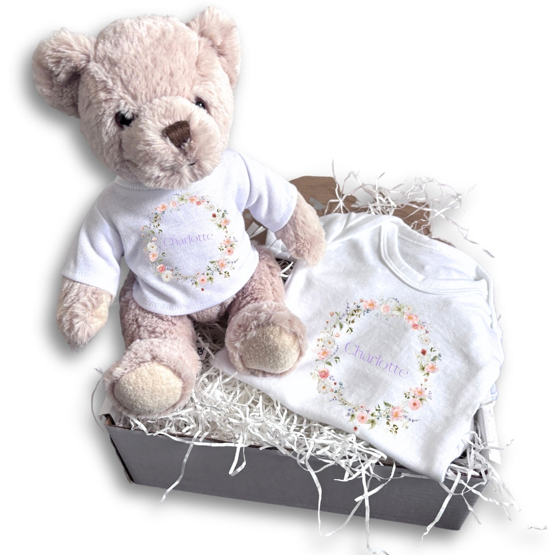 Personalised Wild Flower Name Baby Gift Hamper - Teddy & Baby Vest