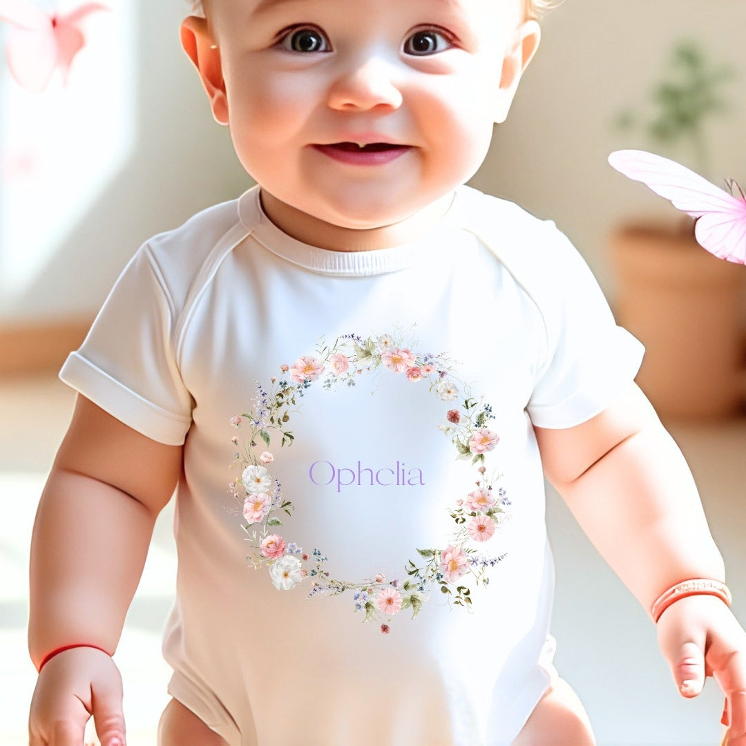 Personalised Wild Flower Name Baby Outfit – Bib, Vest, Baby Grow