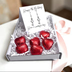 AyeDoGifts 18th birthday gift hamper with sterling silver plated key drop earrings and red foiled chocolate hearts.