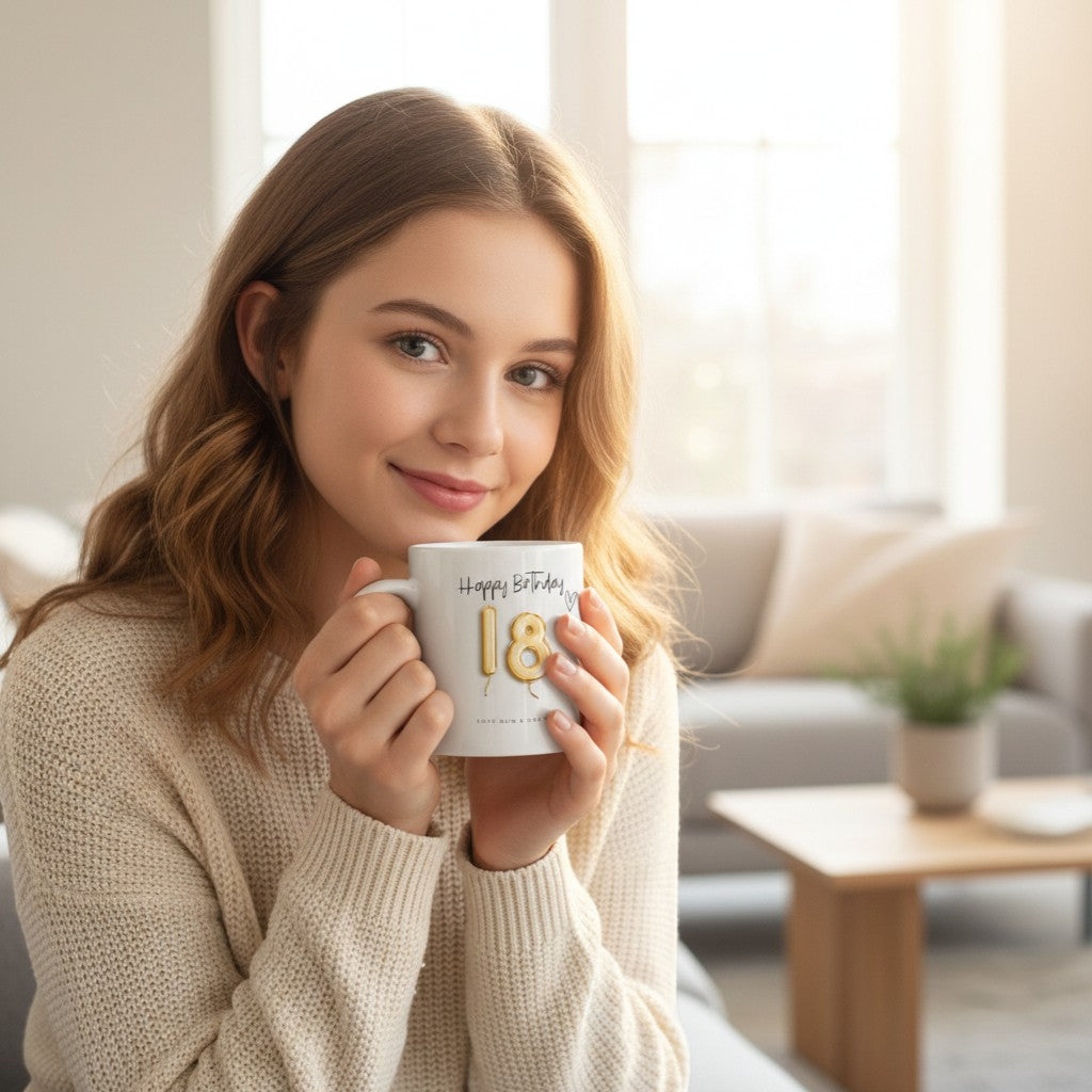 AyeDoGifts white ceramic mug with 'Happy Birthday' text and gold balloon '18'. Personalised with 'LOVE MUM & DAD XX'.