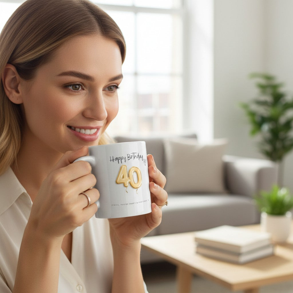 AyeDoGifts white ceramic 11oz mug with "Happy Birthday" and gold balloon "40". Personalised with custom message at base.