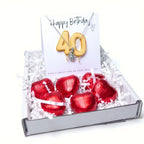 AyeDoGifts 40th birthday gift hamper with silver necklace featuring a cubic zirconia charm and gold '40' balloon design, plus red chocolate hearts.