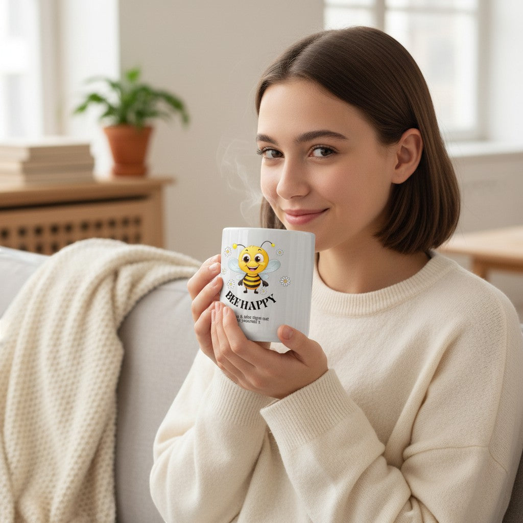AyeDoGifts white ceramic mug with a cartoon bee and daisies, reads "BEE HAPPY" and "Relax & take time out for yourself x".
