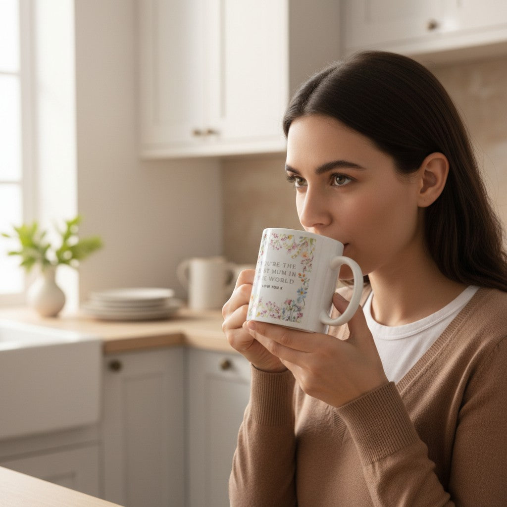 AyeDoGifts white ceramic mug with floral border and text 'YOU'RE THE BEST MUM IN THE WORLD LOVE YOU X'.
