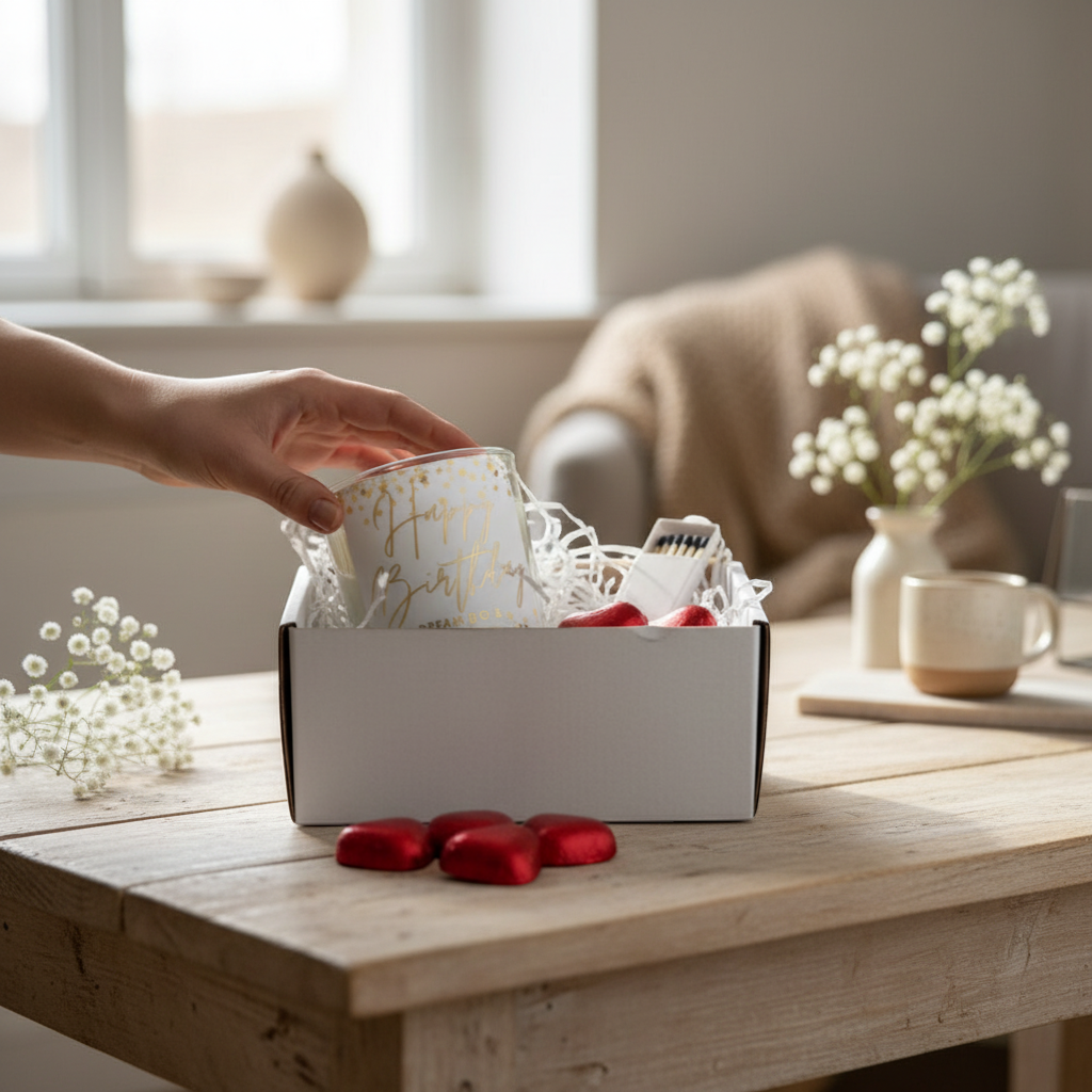 AyeDoGifts personalised birthday candle gift set with gold stars, vanilla scent, chocolates, and matches.