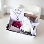 AyeDoGifts Best Cat Mum gift hamper with silver heart necklace, vanilla candle, chocolates, and matches.