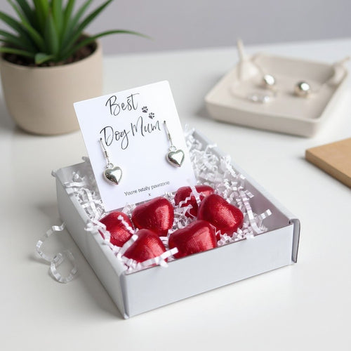 AyeDoGifts mini hamper with silver heart earrings and red heart chocolates, featuring a 'Best Dog Mum' card.