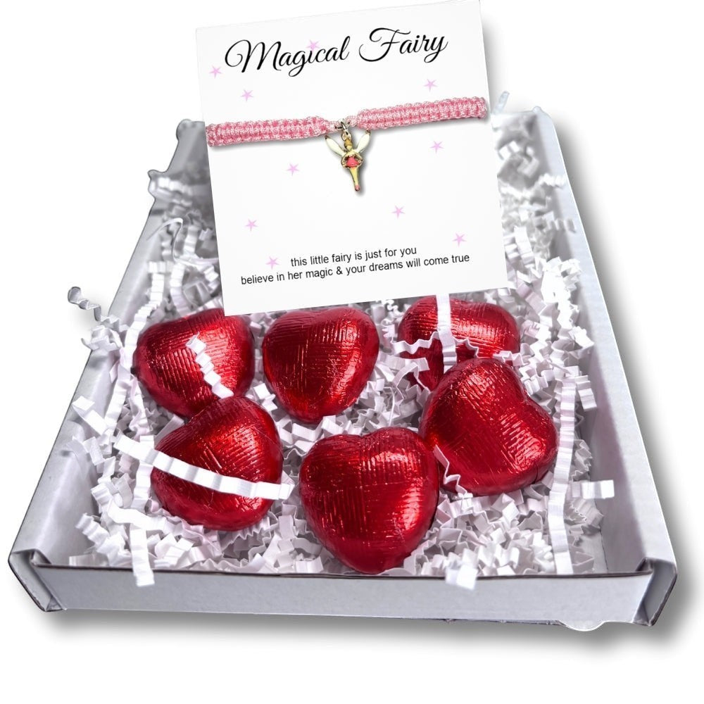 AyeDoGifts pink nylon friendship bracelet with gold enamel fairy charm and red foiled chocolate hearts.