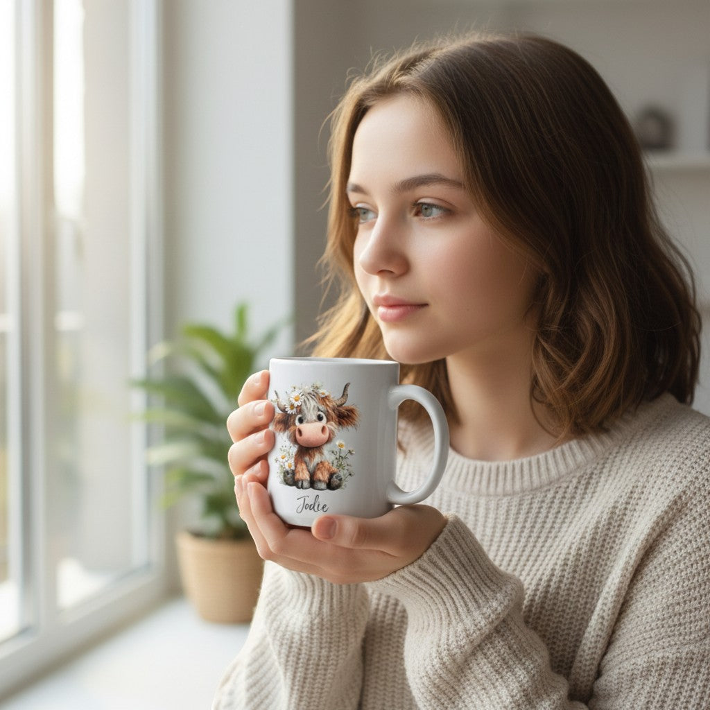 AyeDoGifts personalised ceramic mug with a cute highland cow wearing a daisy crown and the name Jodie.