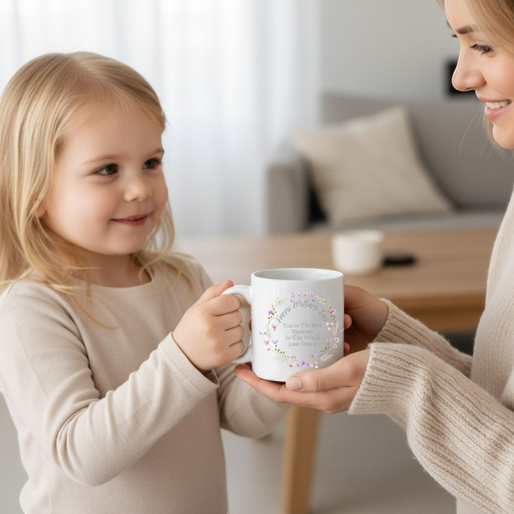 AyeDoGifts white ceramic mug with floral wreath and personalised text for Mother's Day.