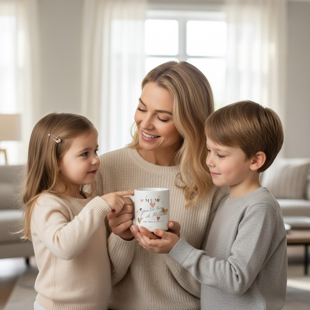 AyeDoGifts white ceramic mug with 'MUM You're One In A Million' text and heart designs.