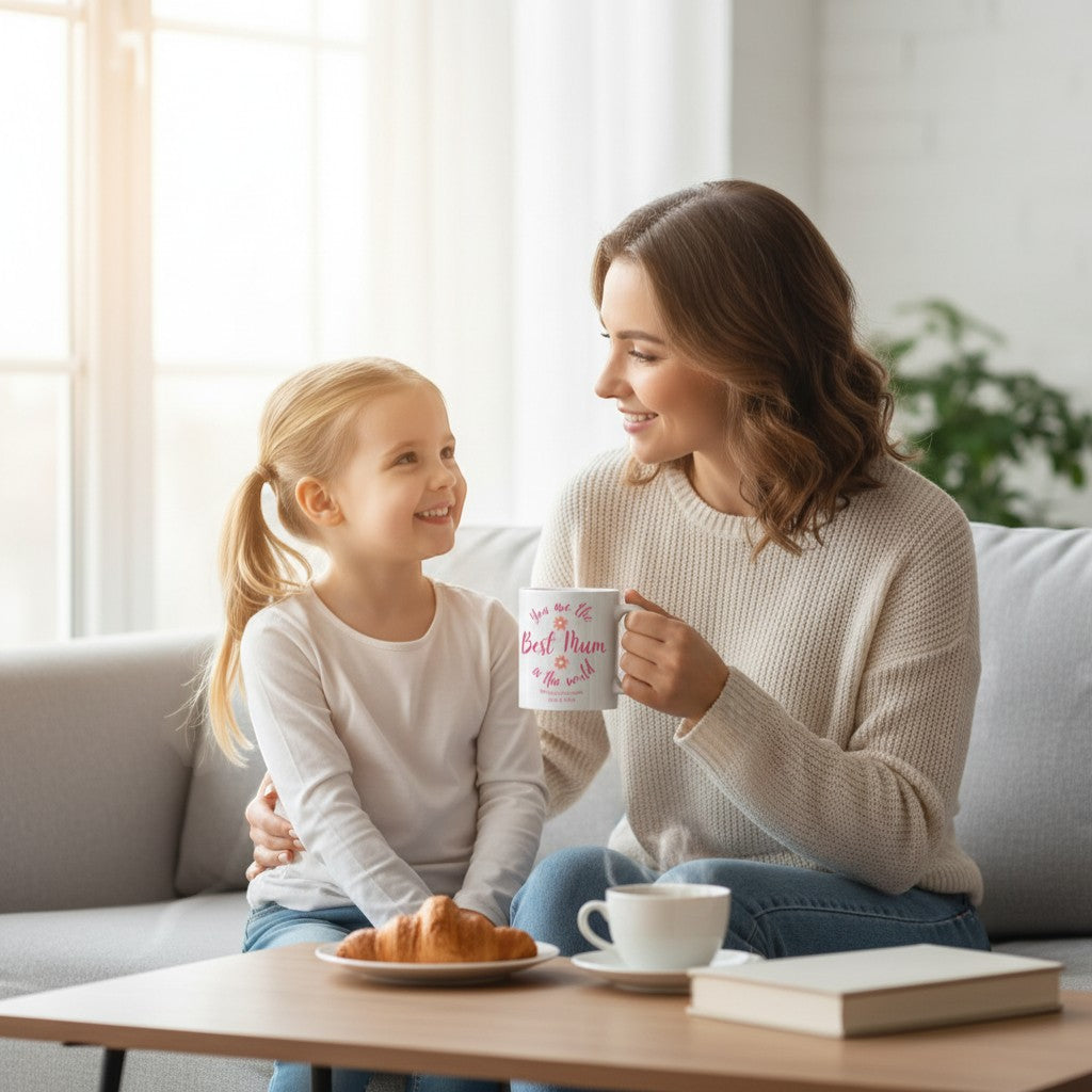 AyeDoGifts white ceramic mug with pink text 'You are the Best Mum in the world' and small flowers.