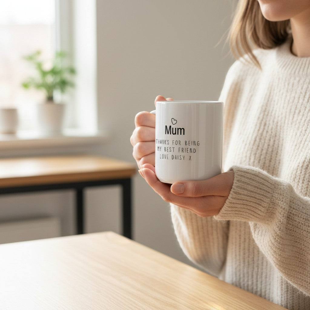 AyeDoGifts white ceramic 11oz mug with black text reading 'Mum Thanks For Being My Best Friend Love Daisy X' and a small heart above Mum.