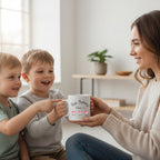 AyeDoGifts white ceramic mug personalised with 'This Mummy belongs to' and three pink hearts with children's names.