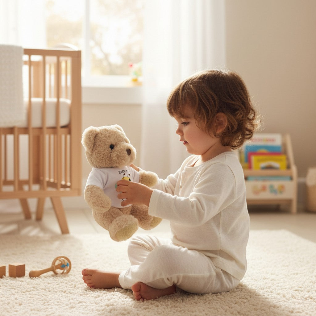 AyeDoGifts personalised beige teddy bear with a white t-shirt featuring a cute bee and the name Betsie. Polyester, 31cm.