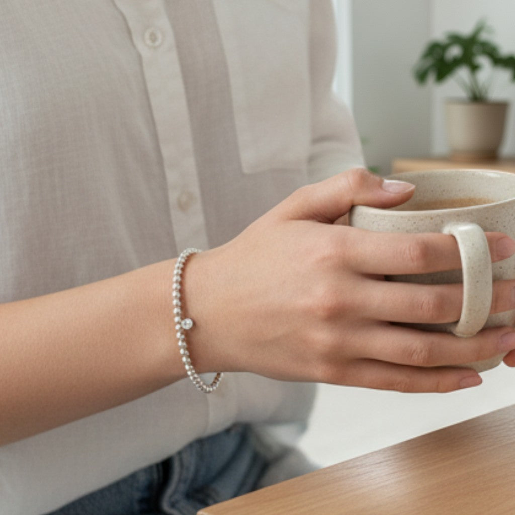 AyeDoGifts silver beaded stretch bracelet with a single cubic zirconia charm, perfect for a 21st birthday.